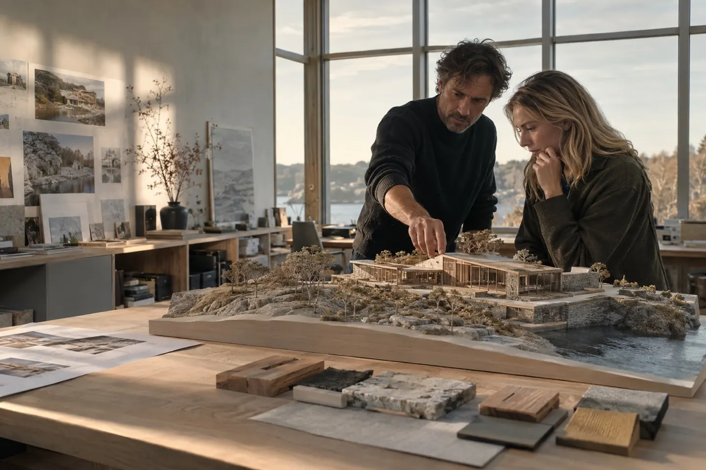 Architecten bespreken een maquette in een lichte ontwerpstudio.