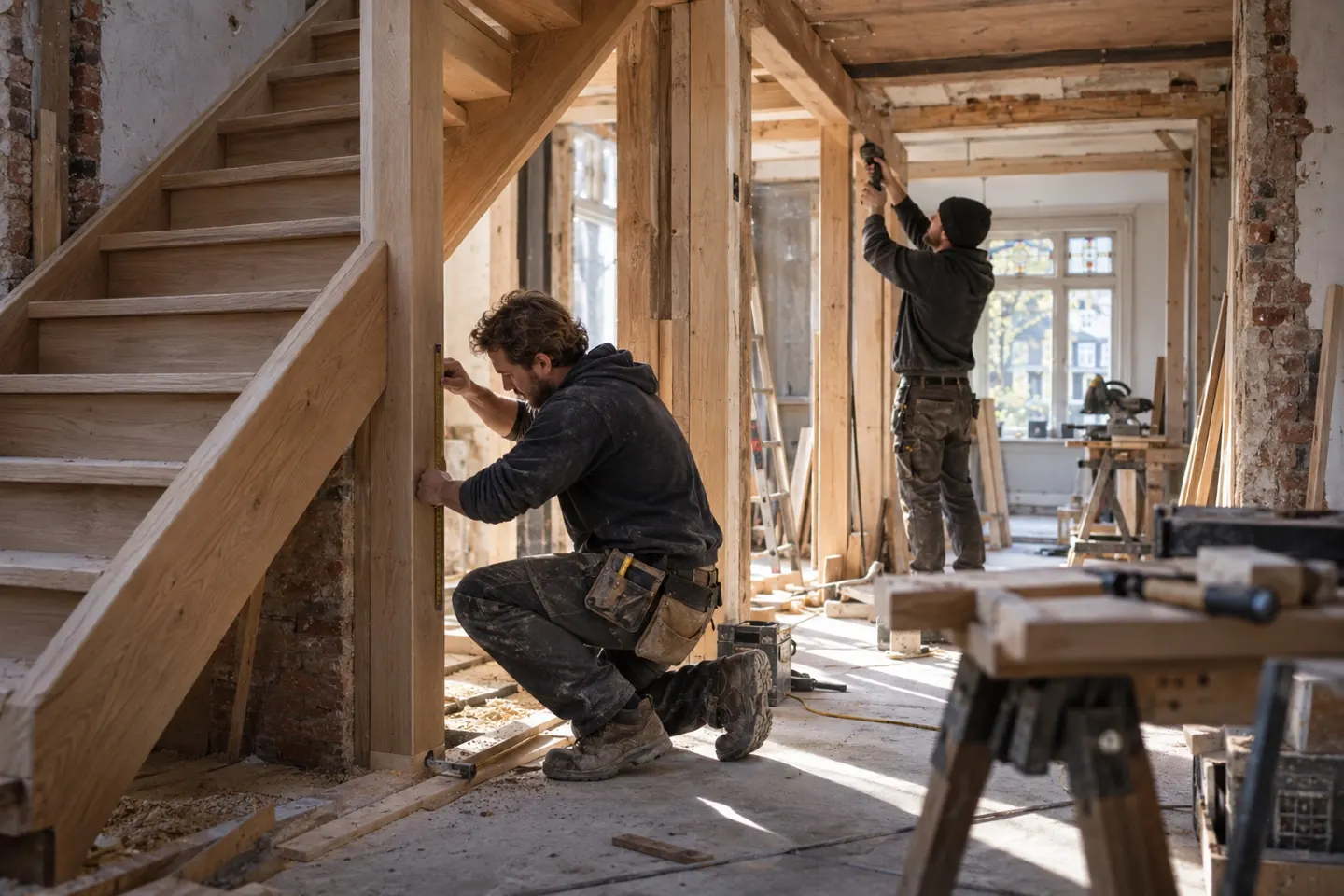 Timmerman meet een houten draagconstructie tijdens een renovatie.