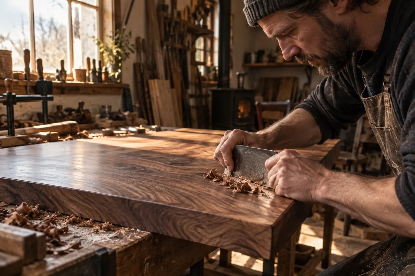 Meubelmaker werkt een massief houten tafel met de hand af.